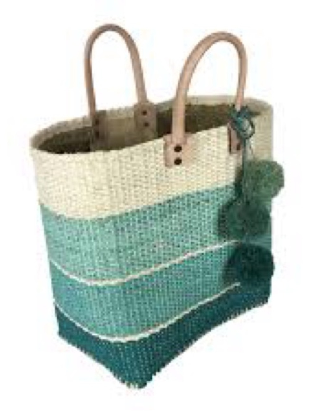 Mar Y Sol Woven Straw Tote Bag with Leather Handles & Pom Pom Charm
